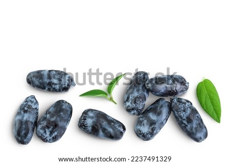 Fresh honeysuckle blue berry isolated on white background with full depth of field. Top view with copy space for your text. . Flat lay. Royalty-Free Stock Photo #2237491329