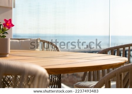 BLANK WOODEN TABLE AND SEA BACKGROUND, HOLIDAY RESORT BACKDROP BACKGROUNDS, TOURISM DESIGN Royalty-Free Stock Photo #2237493483