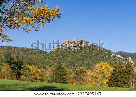 Autumn landscape view on the ancient medieval Puilaurens cathar castle, Lapradelle-Puilaurens, Aude, France