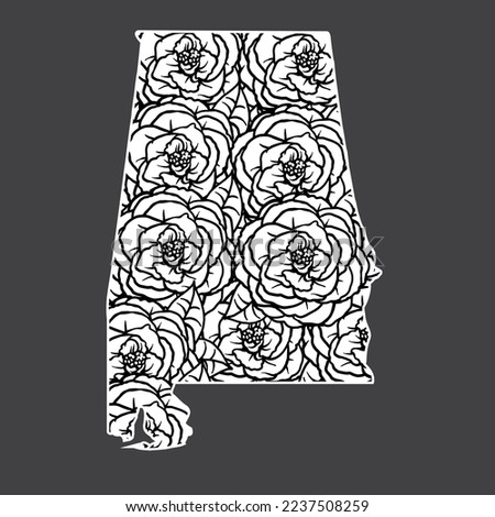 Camellia flower shaped map of alabama state, white on black, great for t-shirts, stickers, coloring books, and more.