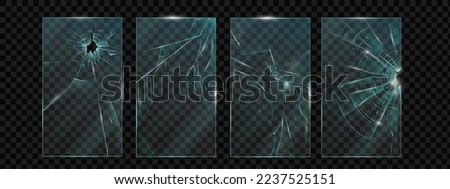 Cracked glass, vector scratched phone screen, smartphone broken pane shattered texture effect. Protector concept, realistic transparent crushed plexiglass design. Cracked glass, frame set hole, splits Royalty-Free Stock Photo #2237525151