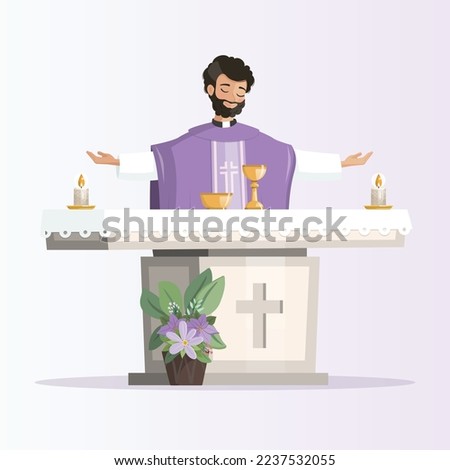 Priest behind the altar with purple chasuble celebrating the eucharist Royalty-Free Stock Photo #2237532055