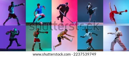 Set of portraits of young people training isolated over multicolored background in neon light. Boxer, football, hockey, MMA, rhytmic gymnast, runner, karate. Concept of sport, competition, lifestyle Royalty-Free Stock Photo #2237539749