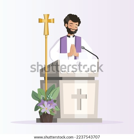 Priest behind church lectern with purple stole preaching during the mass Royalty-Free Stock Photo #2237543707