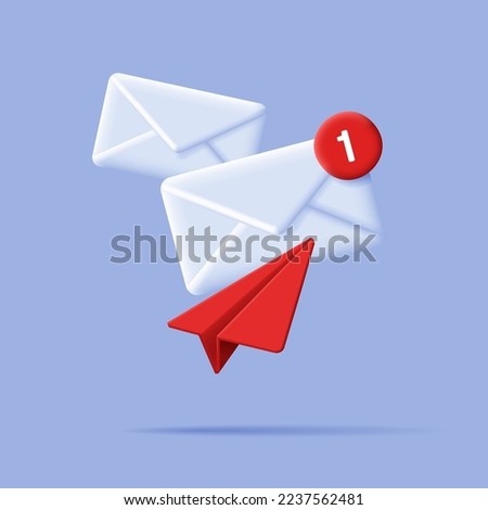 3D Mail Envelope and Paper Plane and Notification Message red circle. 3d render composition Royalty-Free Stock Photo #2237562481