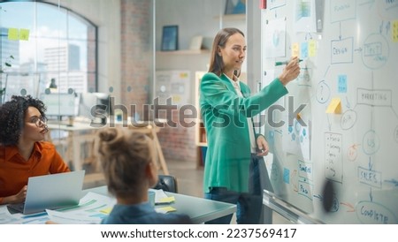 Female CEO Holding a Conference in a Meeting Room, Explaining EDI Concepts to Employees Using a Whiteboard. Smiling Woman in Casual Smart Clothes Using Charts, Statistics, Mindmapping Royalty-Free Stock Photo #2237569417