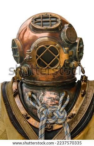 Middle shot old diving suit helmet isolated photo