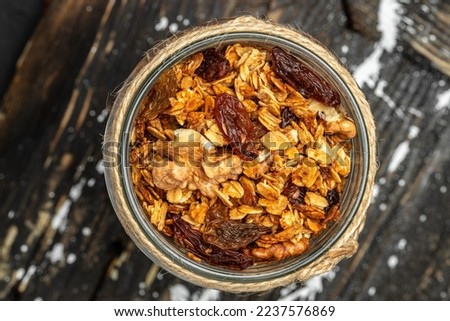 Bowl with granola on a light background. superfood concept. Healthy, clean eating. Vegan or gluten free diet. top view.