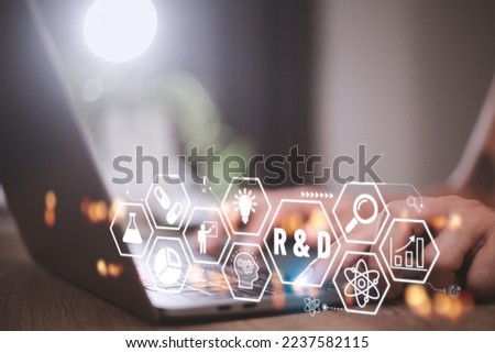 Businessman touched r and d sign. R d icon network business concept word cloud background tag. RD: Research and development word lettering typography design illustration with line icons  Royalty-Free Stock Photo #2237582115