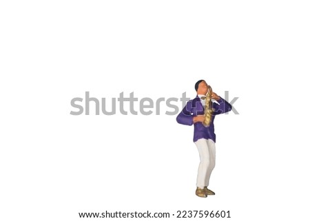 musician playing saxophone isolated on white background, front view