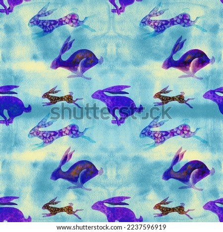 The hare is running. Animalistic illustration on a watercolor background. Seamless pattern. Use printed materials, signs, objects, websites, maps, posters, flyers, packaging.