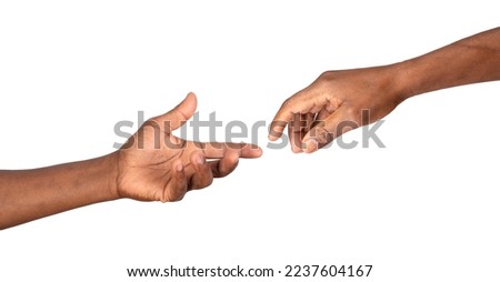 Hands reaching out to help or give. Two male hands trying to touch like in the creation of Adam isolated on white background Royalty-Free Stock Photo #2237604167