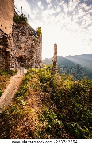 Hiking in Slovakia mountains landscape. Tourist traveler. Mala Fatra national park, Slovakia. Starhrad ruins castle, near Strecno castle