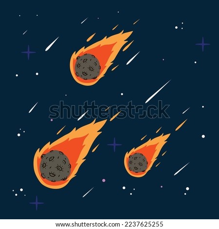Flying asteroid, Burning comet on background of night sky. Astronomical object with tail vector design illustration. Dangerous space object