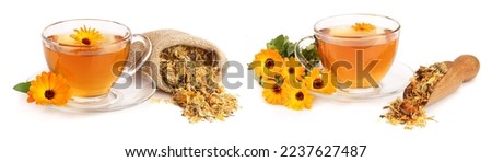 Calendula tea with fresh and dried flowers isolated on white background