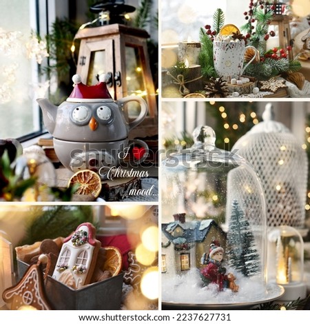 Christmas collage with 4 pictures of festive arrangements on the windowsill with moody lights