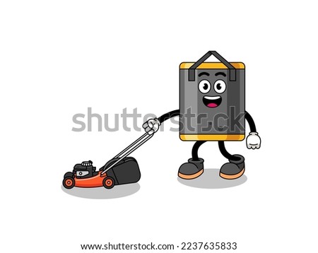 punching bag illustration cartoon holding lawn mower , character design