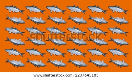 A Colorful fish pattern with many silver and blue fish symmetrically arranged on an orange background.