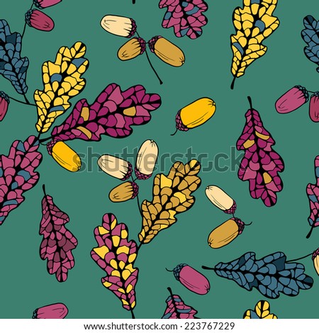 vector seamless pattern with leaves of oak and acorns, vector illustration