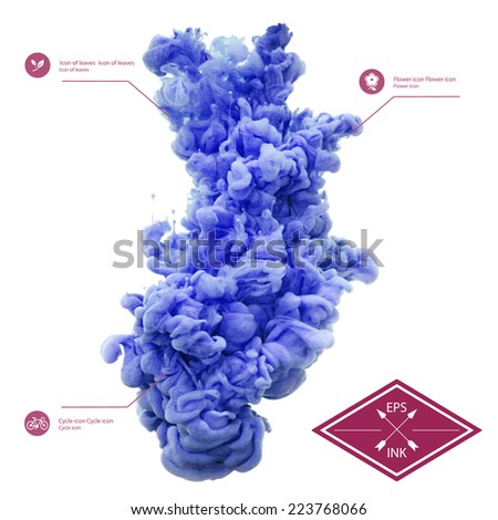 Vector isolated cloud of blue ink swirling in water on white background. Template design for infographics. Texture of splashes of paint, ink