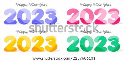 Set 2023 Happy New Year congrats. art logotype concept. White backdrop. Abstract isolated graphic design template. Decorative numbers 2, 0, 3. Coloured digits. Creative background decoration wave
