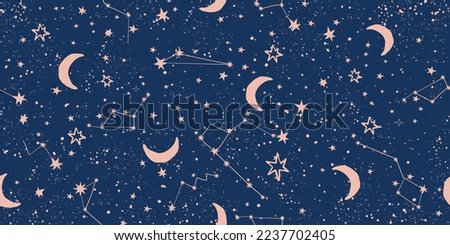 Seamless celestial pattern with stars and moon on blue sky, astrological background for zodiac signs, vector tarot art. Magic Space Ornament. Royalty-Free Stock Photo #2237702405
