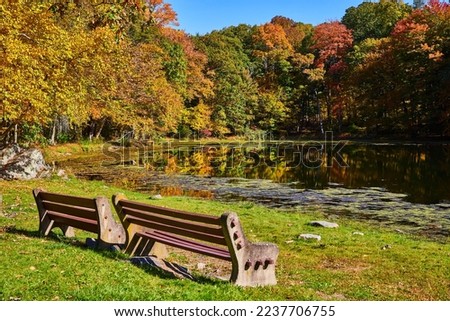 Pair of park benches on grass by small pond lined with fall forest trees