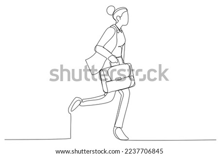 Drawing of businesswoman with suit runs to her office at rush hour carrying a briefcase. Single continuous line art style
