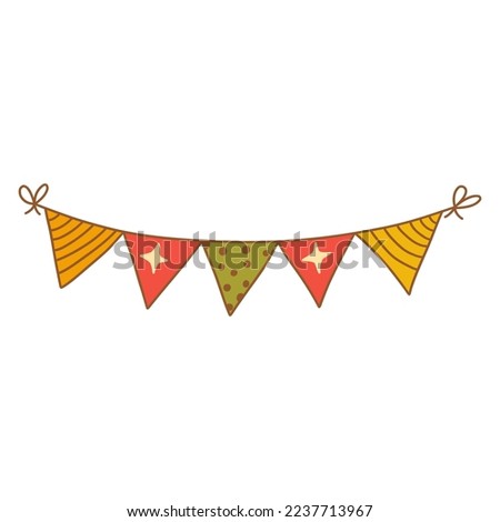 Festive garland with triangular checkboxes. Striped flags, polka dots. Colorful vector isolated illustration hand drawn doodle. Interior decoration. Holiday season, party design element contour