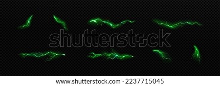Green lightnings, electric strikes, thunderbolt discharges isolated on transparent background. Set of magic sparking, electric impact effects, vector realistic illustration Royalty-Free Stock Photo #2237715045