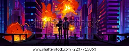 Silhouettes of couple watching explosions in city. Rooftop view of night cityscape with modern skyscrapers damaged by blasts, fire. War, enemy attack destroying buildings. Vector cartoon illustration Royalty-Free Stock Photo #2237715063