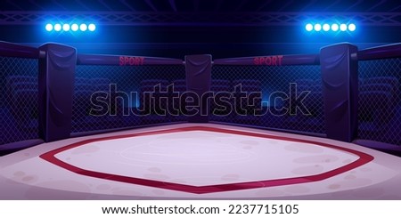 Empty mma ring with ropes, illuminated with bright spotlights. Cartoon vector illustration of arena for fighting, wrestling, training and competition. Sports match, betting announcement background Royalty-Free Stock Photo #2237715105
