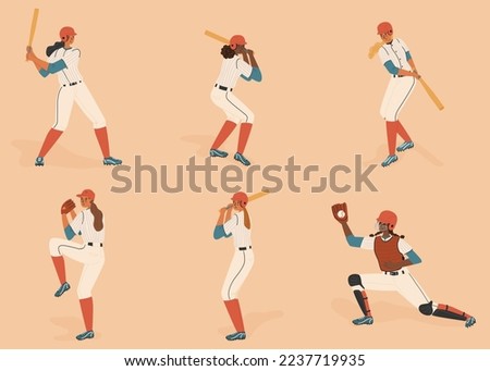 Female baseball players isolated characters vector set. Girls players figures with baseball bat and ball on a field. Woman baseball athletes in different positions. Pitcher, batter, catcher