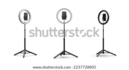 Set of 3d realistic phone on tripod with light bulb. Live stream concept. Vector illustration