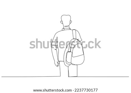 Drawing of back view young student walking to the university. Single continuous line art style
