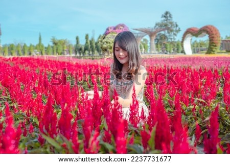 Young beautiful smiling Asia woman enjoying summer in colorful blooming flower field at sunset ,Taking pictures in a flower farm.