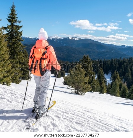 Woman ski tourist enjoy view of winter mountain forest valley during ski trip on snow slope. Ski resort Pamporovo, Bulgaria. Back view young girl skier with backpack and winter nature background