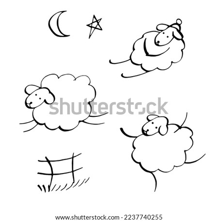 set with three cartoon sheep drawn with a black line. clip art. decor elements.