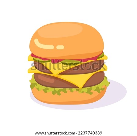 Burger double big hamburger isolated drawn vector icon or larger cheeseburger with cheese sandwich flat cartoon fast food illustration clipart