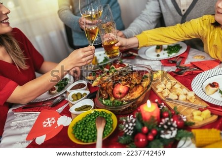 Photo captures the warmth and joy of a Christmas dinner with a beloved grandmother, mother, father, and daughter. The family is gathered around the festive table, smiling and laughing .