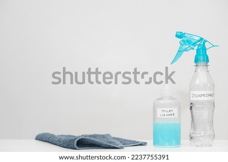 Home cleaning products with labels in reused plastic bottles. Recycled household materials on white background. Horizontal copy space. Reduce, reuse, recycle concept. Save our planet. Eco-friendly.