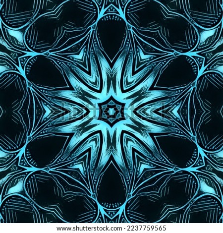 lino-cut floral fantasy in shades of blue and glowing turquoise
