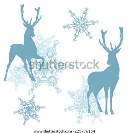 winter christmas theme decor with deers and snowflakes - vector design elements set