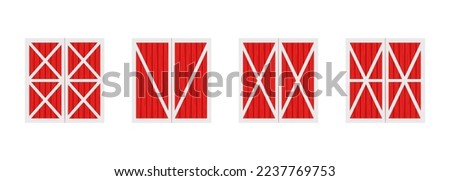 Set of red wooden barn doors. Front view. Elements of farm warehouse buildings isolated on white background. Vector cartoon illustration Royalty-Free Stock Photo #2237769753