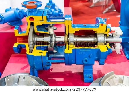 cross section present detail component inside centrifugal pump for industrial such as vane or impeller rotor shaft bearing housing casing etc. Royalty-Free Stock Photo #2237777899