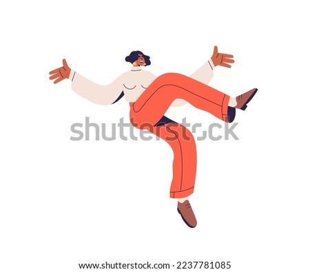 Happy woman jumping up, flying with fun, joy emotions. Energetic excited free girl im action, funny movement. Positive character feeling freedom. Flat vector illustration isolated on white background