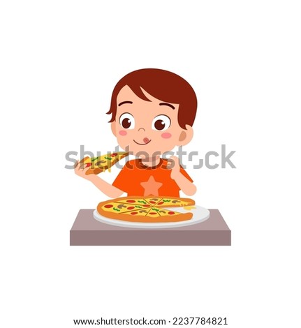 little kid eating pizza and feel happy