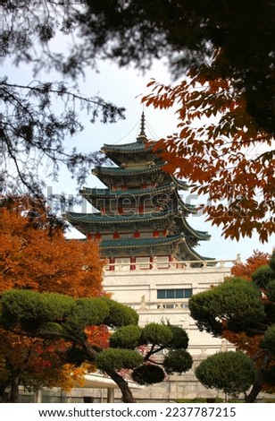 National Folk Museum inside the Gyeonbokgung Palace grounds in Seoul, Korea and maple trees