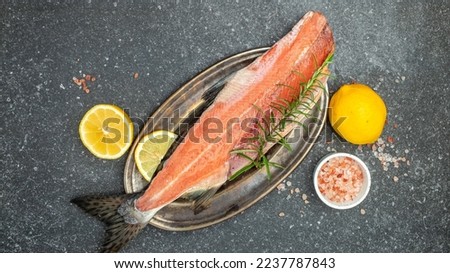 red fish, fresh fillet of salmon or trout steak, banner, menu, recipe place for text.