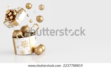 White And Golden Christmas Open Gift Box With Toys. Modern, Trendy, Empty Space White Background. New Year Concept - 3D Illustration